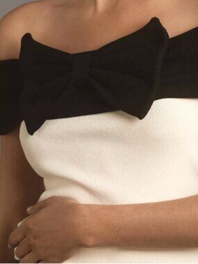 NWT Anthropologie Maeve Black Bow Off The Shoulder Elegant Ivory Knit Top Size M